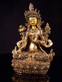 [white Tara], Buddhist Handmade Statue With [siku Design], [full Gold Plated],[stone Setting], [face Painted]
