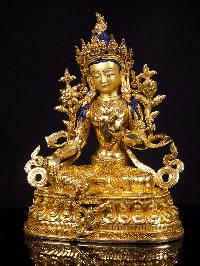 [green Tara], Buddhist Handmade Statue, [full Gold Plated],[stone Setting], [face Painted]