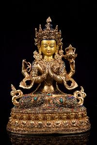 [chenrezig], Buddhist Handmade Statue With [siku Design], [full Gold Plated],[stone Setting], [face Painted]