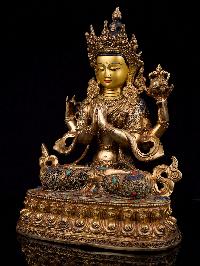 [chenrezig], Buddhist Handmade Statue With [siku Design], [full Gold Plated],[stone Setting], [face Painted]