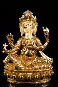 [4 Arm Ganesh], Buddhist Handmade Statue, [full Gold Plated],[stone Setting], [face Painted]