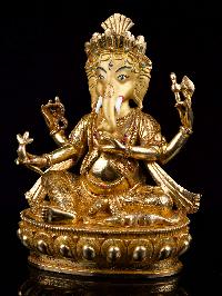 [4 Arm Ganesh], Buddhist Handmade Statue, [full Gold Plated],[stone Setting], [face Painted]