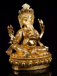 [4 Arm Ganesh], Buddhist Handmade Statue, [full Gold Plated],[stone Setting], [face Painted]