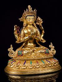 [chenrezig], Buddhist Handmade Statue, [full Gold Plated],[stone Setting], [face Painted]