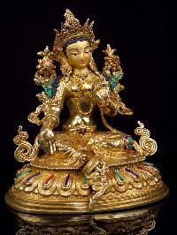 [green Tara], Buddhist Handmade Statue, [full Gold Plated],[stone Setting], [face Painted]