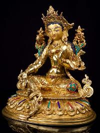 [green Tara], Buddhist Handmade Statue, [full Gold Plated],[stone Setting], [face Painted]