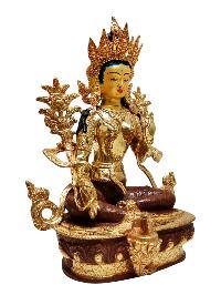 [green Tara] Buddhist Handmade Statue, [partly Gold Plated], [face Painted]
