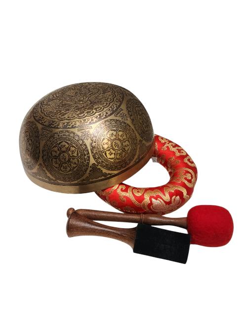 Singing Bowl, Buddhist Hand Beaten, With Fine Etching Carving, [manjushree], Thangka Color Painted, [select Accessories
