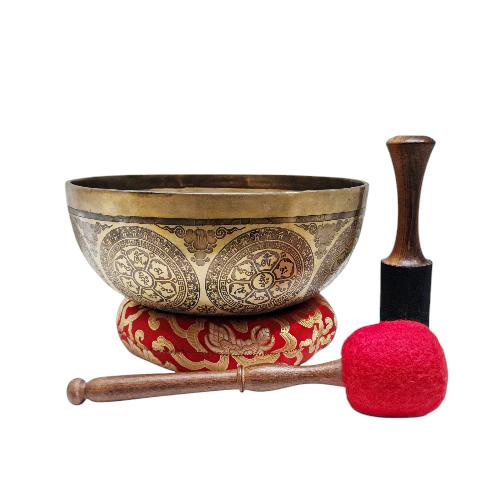 Singing Bowl, Buddhist Hand Beaten, With Fine Etching Carving, [manjushree], Thangka Color Painted, [select Accessories