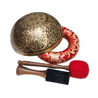 Singing Bowl, Buddhist Hand Beaten, With Fine Etching Carving,[guru], Thangka Color Painted, [select Accessories