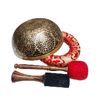 Singing Bowl, Buddhist Hand Beaten, With Fine Etching Carving, [buddha], Thangka Color Painted, [select Accessories