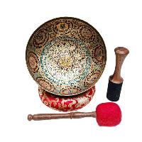 Singing Bowl, Buddhist Hand Beaten, With Fine Etching Carving, [mandala], Thangka Color Painted, [select Accessories