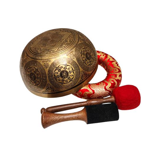 Singing Bowl, Buddhist Hand Beaten, With Fine Etching Carving, [mandala], Thangka Color Painted, [select Accessories