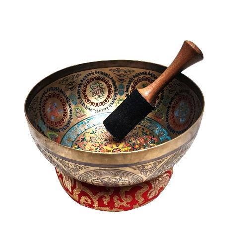 Singing Bowl, Buddhist Hand Beaten, With Fine Etching Carving, [mandala], Thangka Color Painted, [select Accessories
