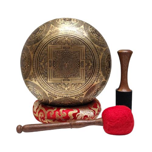 Singing Bowl, Buddhist Hand Beaten, With Fine Etching Carving, [mandala], Thangka Color Painted, [select Accessories