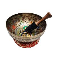 Singing Bowl, Buddhist Hand Beaten, With Fine Etching Carving, [buddha], Thangka Color Painted, [select Accessories