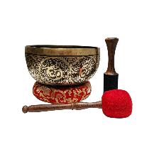 Singing Bowl, Buddhist Hand Beaten, With Fine Etching Carving, [ganesh], Thangka Color Painted, [select Accessories