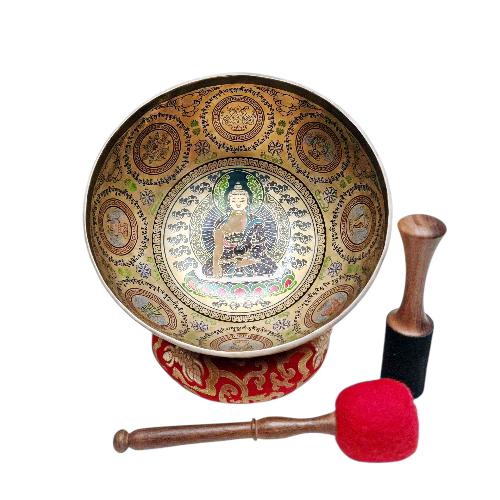 Singing Bowl, Buddhist Hand Beaten, With Fine Etching Carving, [buddha], Thangka Color Painted, [select Accessories