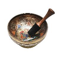 Singing Bowl, Buddhist Hand Beaten, With Fine Etching Carving, [bhajrapani], Thangka Color Painted, [select Accessories