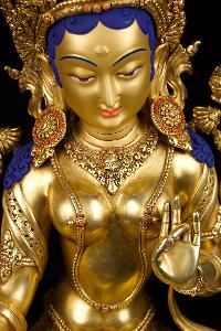 [green Tara] With Double Base, Buddhist Handmade Statue, [full Gold Plated], [face Painted]