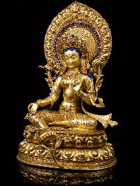 [green Tara] With Double Base, Buddhist Handmade Statue, [full Gold Plated], [face Painted]