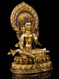 [green Tara] With Double Base, Buddhist Handmade Statue, [full Gold Plated], [face Painted]