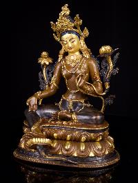 [green Tara], Buddhist Handmade Statue, [partly Gold Plated], [face Painted]