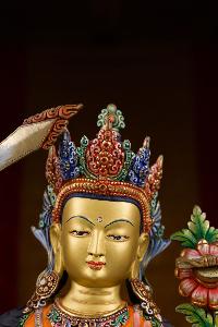 [manjushri] Buddhist Handmade Statue, [partly Gold Plated], [stone Setting, Face Painted] And [traditional Color Finishing]