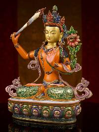 [manjushri] Buddhist Handmade Statue, [partly Gold Plated], [stone Setting, Face Painted] And [traditional Color Finishing]