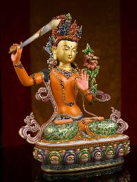 [manjushri] Buddhist Handmade Statue, [partly Gold Plated], [stone Setting, Face Painted] And [traditional Color Finishing]