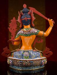 [manjushri] Buddhist Handmade Statue, [partly Gold Plated], [stone Setting, Face Painted] And [traditional Color Finishing]