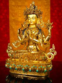 [chenrezig] Buddhist Handmade Statue, [full Gold Plated],[stone Setting], [face Painted]