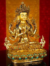 [chenrezig] Buddhist Handmade Statue, [full Gold Plated],[stone Setting], [face Painted]