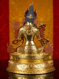 [green Tara] Buddhist Handmade Statue With Double Base, [full Gold Plated],[stone Setting], [face Painted]