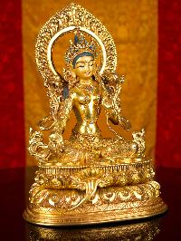 [green Tara] Buddhist Handmade Statue With Double Base, [full Gold Plated],[stone Setting], [face Painted]