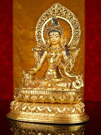[white Tara] Buddhist Handmade Statue With Double Base, [full Gold Plated],[stone Setting], [face Painted]