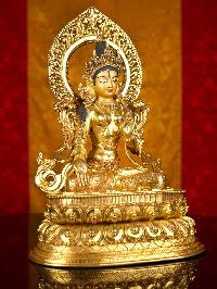 [white Tara] Buddhist Handmade Statue With Double Base, [full Gold Plated],[stone Setting], [face Painted]