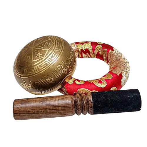 Buddhist Machine Made Singing Bowl, [flower] Carved Inside, [select Accessories]