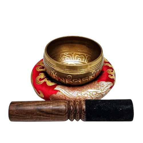 Buddhist Machine Made Singing Bowl, [flower] Carved Inside, [select Accessories]