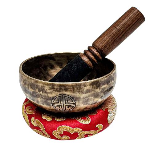 [full Moon Bowl], Moon Carved, Buddhist Hand Beaten Singing Bowl, Antique Finishing, [select Accessories]