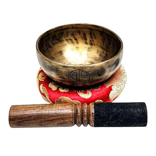 [full Moon Bowl], Moon Carved, Buddhist Hand Beaten Singing Bowl, Antique Finishing, [select Accessories]