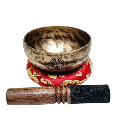 [full Moon Bowl], Moon Carved, Buddhist Hand Beaten Singing Bowl, Antique Finishing, [select Accessories]