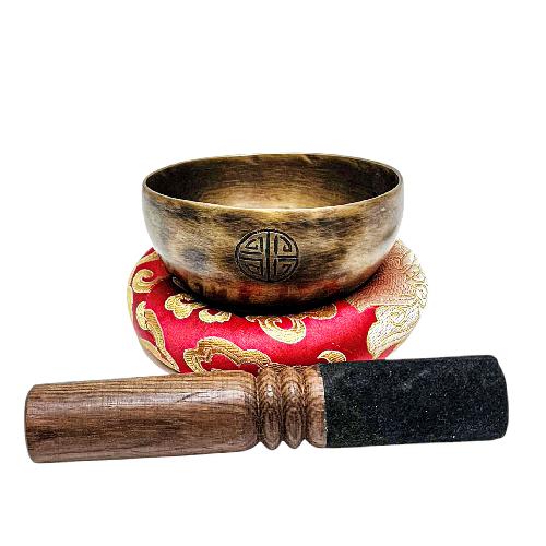 [full Moon Bowl], Moon Carved, Buddhist Hand Beaten Singing Bowl, Antique Finishing, [select Accessories]