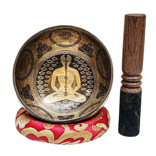 This 7cm tall Singing Bowl, Buddhist Hand Beaten, With Fine Etching Carving, Seven Chakra, Select Accessories (Product Code: HMS36555) weighs 0.48kg and is available at an offer price of US$10.386.