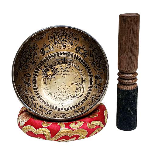 Singing Bowl, Buddhist Hand Beaten, With Fine Etching Carving, [sun And Moon], [select Accessories]