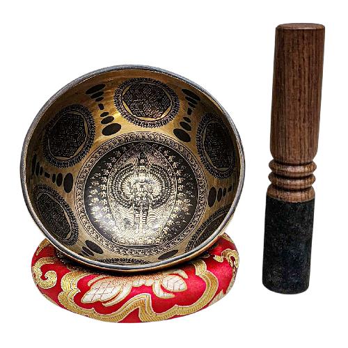 Singing Bowl, Buddhist Hand Beaten, With Fine Etching Carving, [sahasrabhuja Avalokitesvara], [select Accessories]