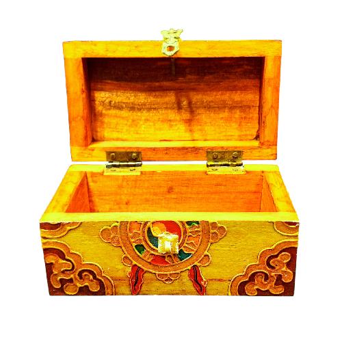 Buddhist Wooden Box With [dharmachakra] Design, Tibetan Style With Traditional Colors