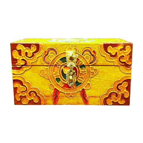 Buddhist Wooden Box With [dharmachakra] Design, Tibetan Style With Traditional Colors