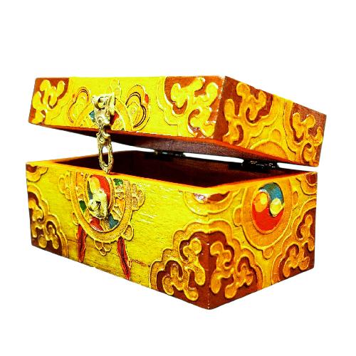 Buddhist Wooden Box With [dharmachakra] Design, Tibetan Style With Traditional Colors