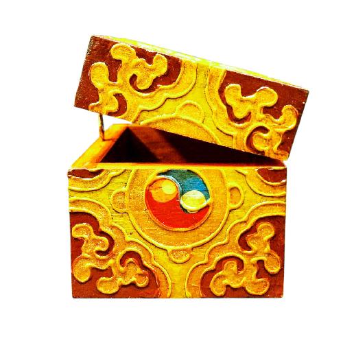 Buddhist Wooden Box With [dharmachakra] Design, Tibetan Style With Traditional Colors